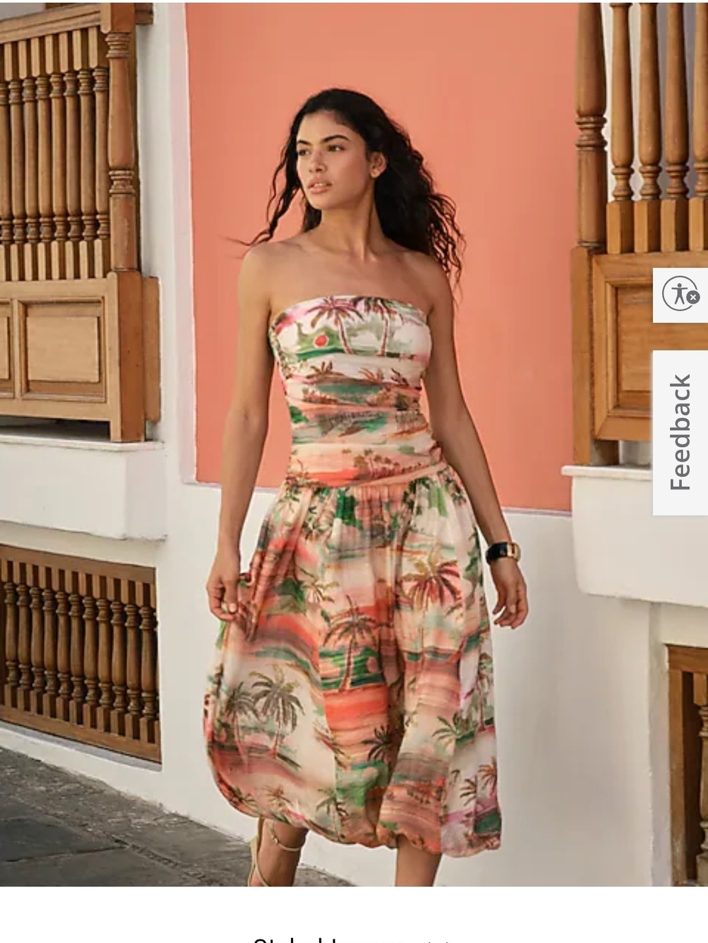 Express Coral, Green & Cream Strapless Printed Midi Dress
